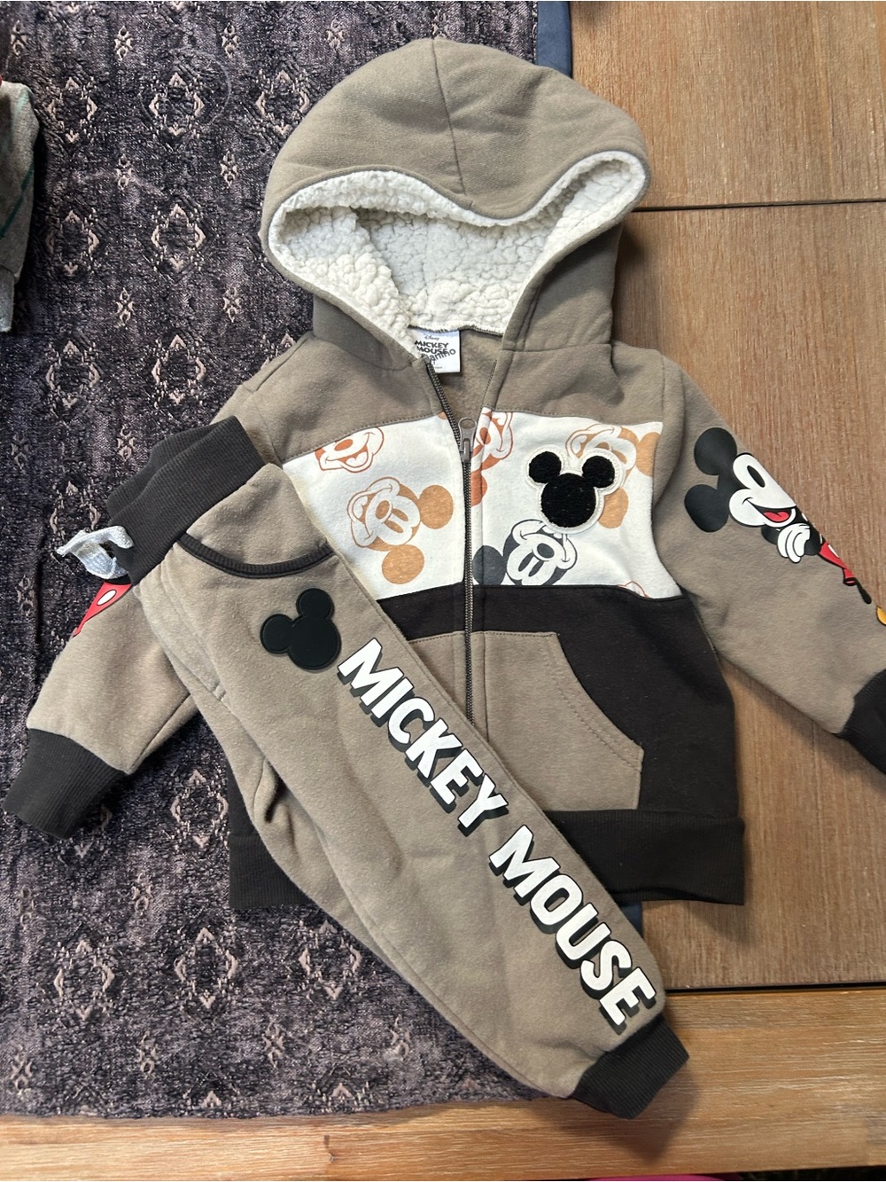 Disney Mickey Mouse Taupe and Black Sherpa-Lined Hoodie & Joggers Set